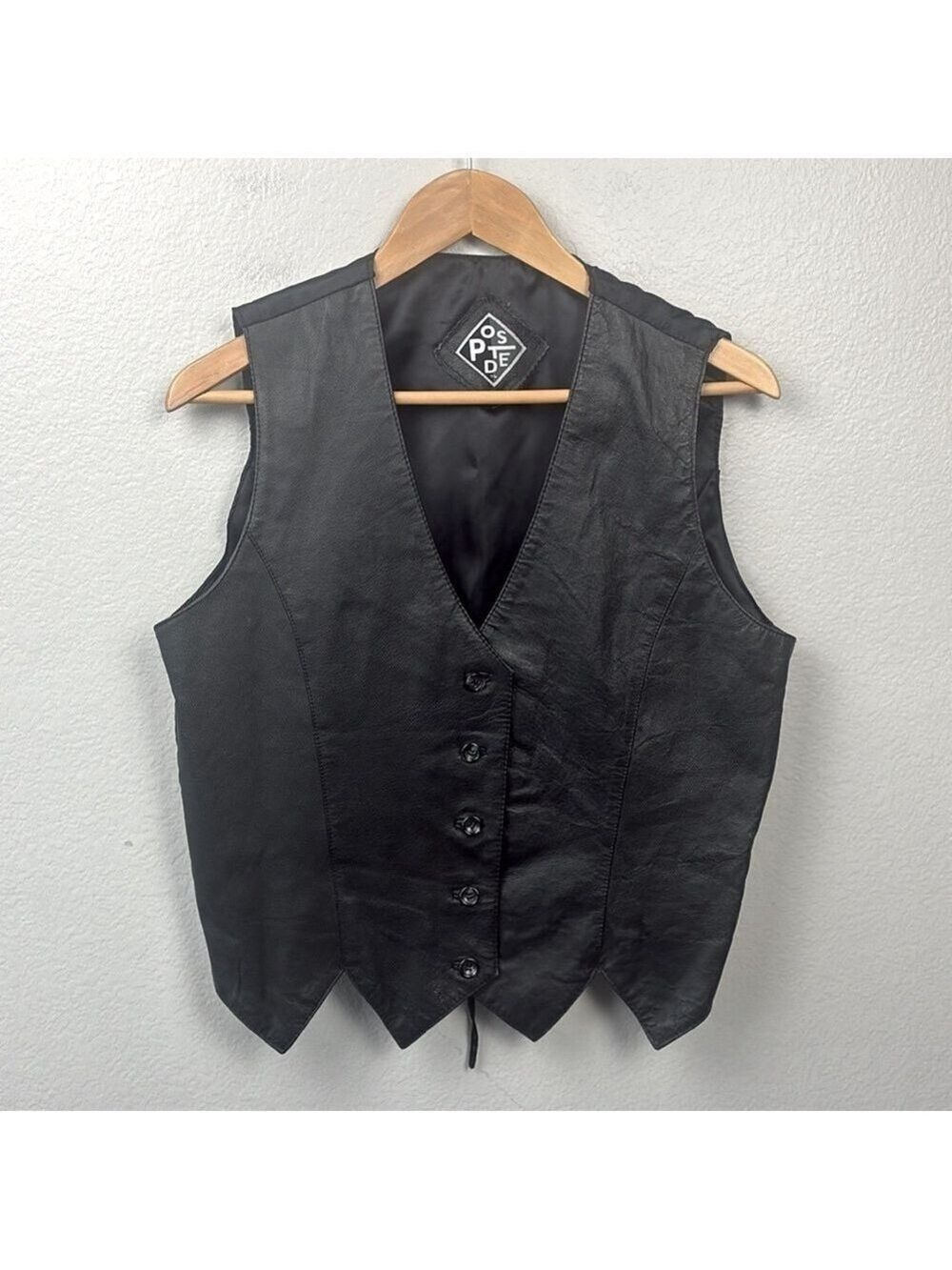 Posted Black Leather Vest Double Pointed Hem Button Up Western Rocker Vintage L - Picture 1 of 8